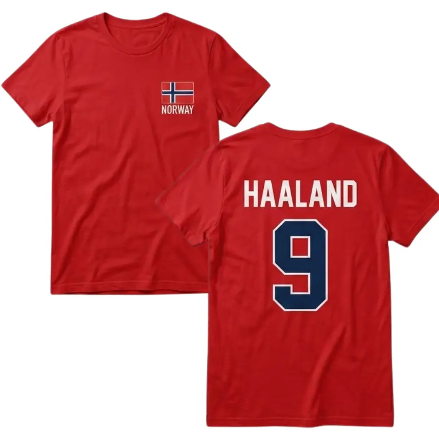 Haaland 9 Norway Soccer Adults and Youth T-shirt, Norwegian Football Fan Tee, Red Jersey Style T-Shirt, Norway Flag Game Day Apparel, summer tee, kids graphic tees, mens clothing, youth clothing, streetwear