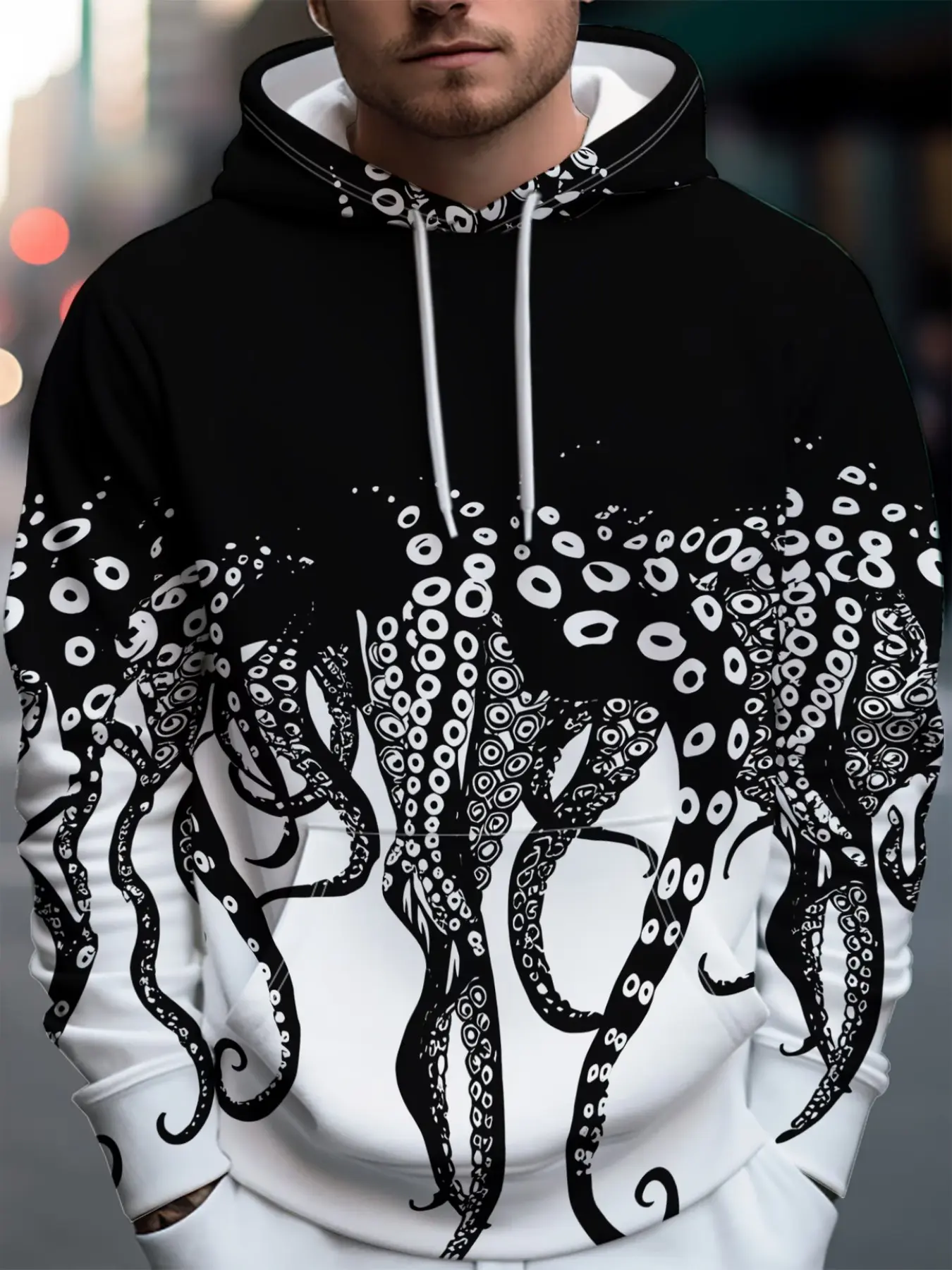Men's Street Style Hoodie, Octopus Tentacles Design, Casual Long Sleeve, Raw Wash, Fitted, All Seasons, Perfect for Daily Wear