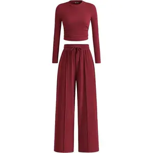 Two piece ribbed knitted long sleeved crop top, wide leg pants, paired with casual suit, casual clothing, casual fabric can be paired with raincoat