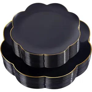 60 count Black Disposable Plates with  Rim Heavy Duty Scalloped Plastic Birthday Plates Wedding Disposable Dinnerware Includes: 30 Dinner and 30 Dessert Plate, for Party Ceremony and Camping