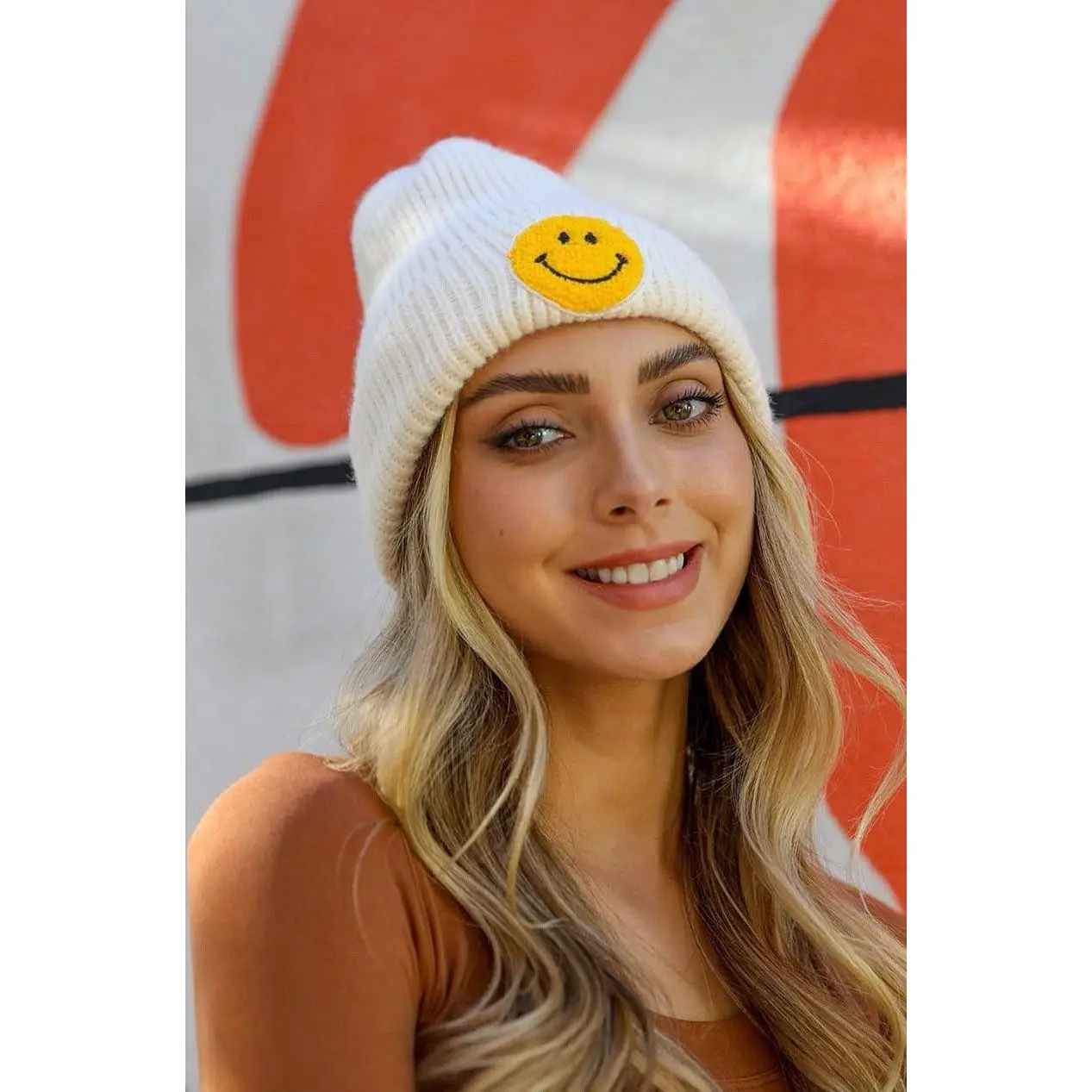 Knit Ribbed Classic Smile Beanie - White, Round Design, Casual Fashion Style, Heat Insulating, Perfect for Layering, Sports & Outdoor Accessory