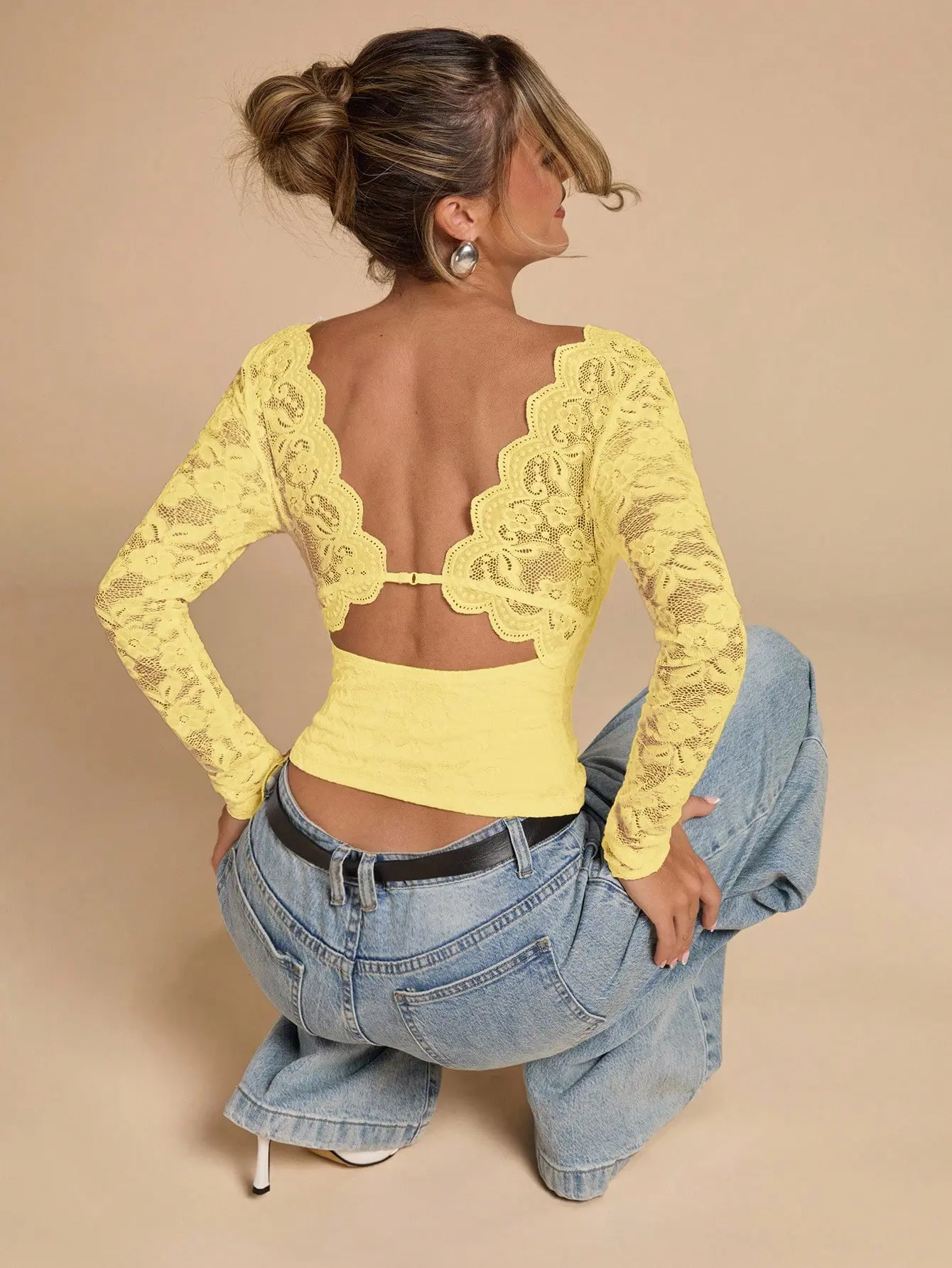 LALUZ Elegant Floral Lace Long Sleeve Backless Blouse Women's Minimalist Top For Cocktail Party Evening Wear Seductive Going Out