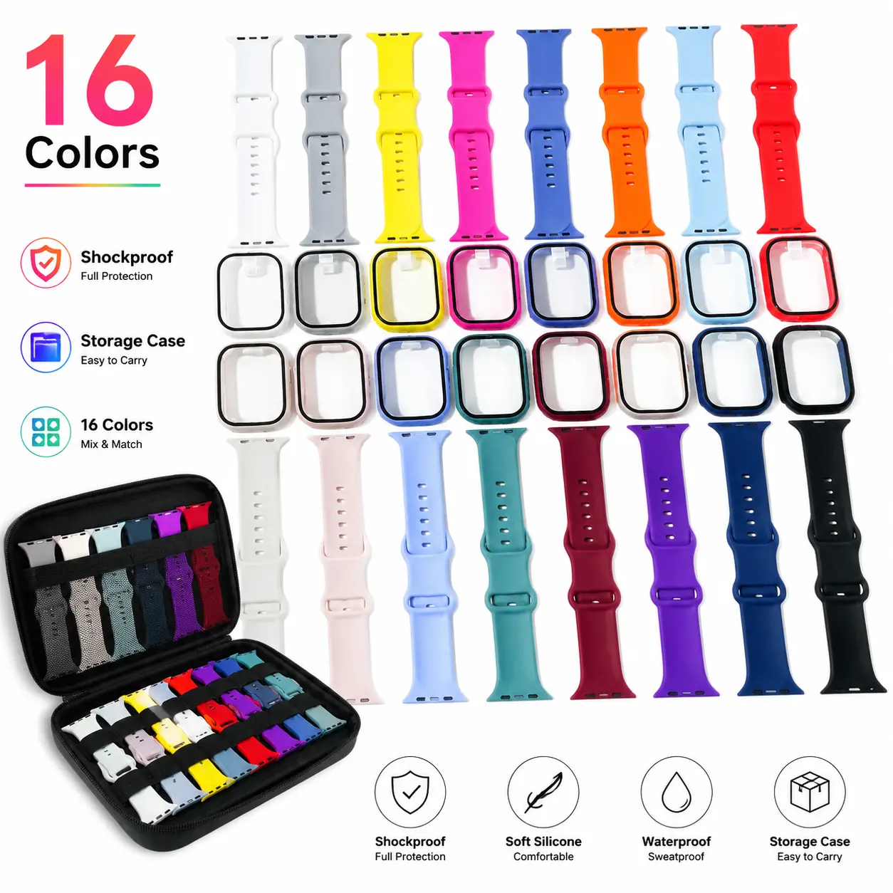 16 Colors Apple Watch Band Set with Cases & Storage Bag, Silicone Sport Bands Bundle, Waterproof Sweatproof Straps for Women Men Compatible with Series 10 9 8 7 6 SE Ultra 49mm 46mm 45mm 44mm 42mm 41mm 40mm 38mm