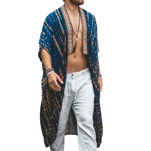 Men's Lightweight Summer Robe – Green Tie-Dye Kimono Cardigan, V-Neck, Relaxed Fit |     Polyester, Beach & Leisure Knitwear Menswear Vneck Spandex Knitted Mesh Breathable Knitted Outfit