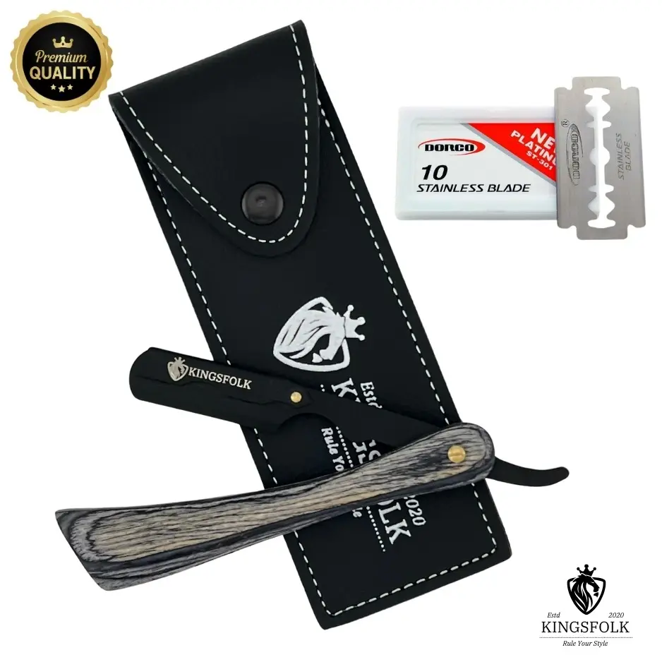 Professional Wooden Handle Straight Throat Razor with 10 Double Edge Blades, Leather Pouch, Stainless Steel Comfort, Shaving Kit