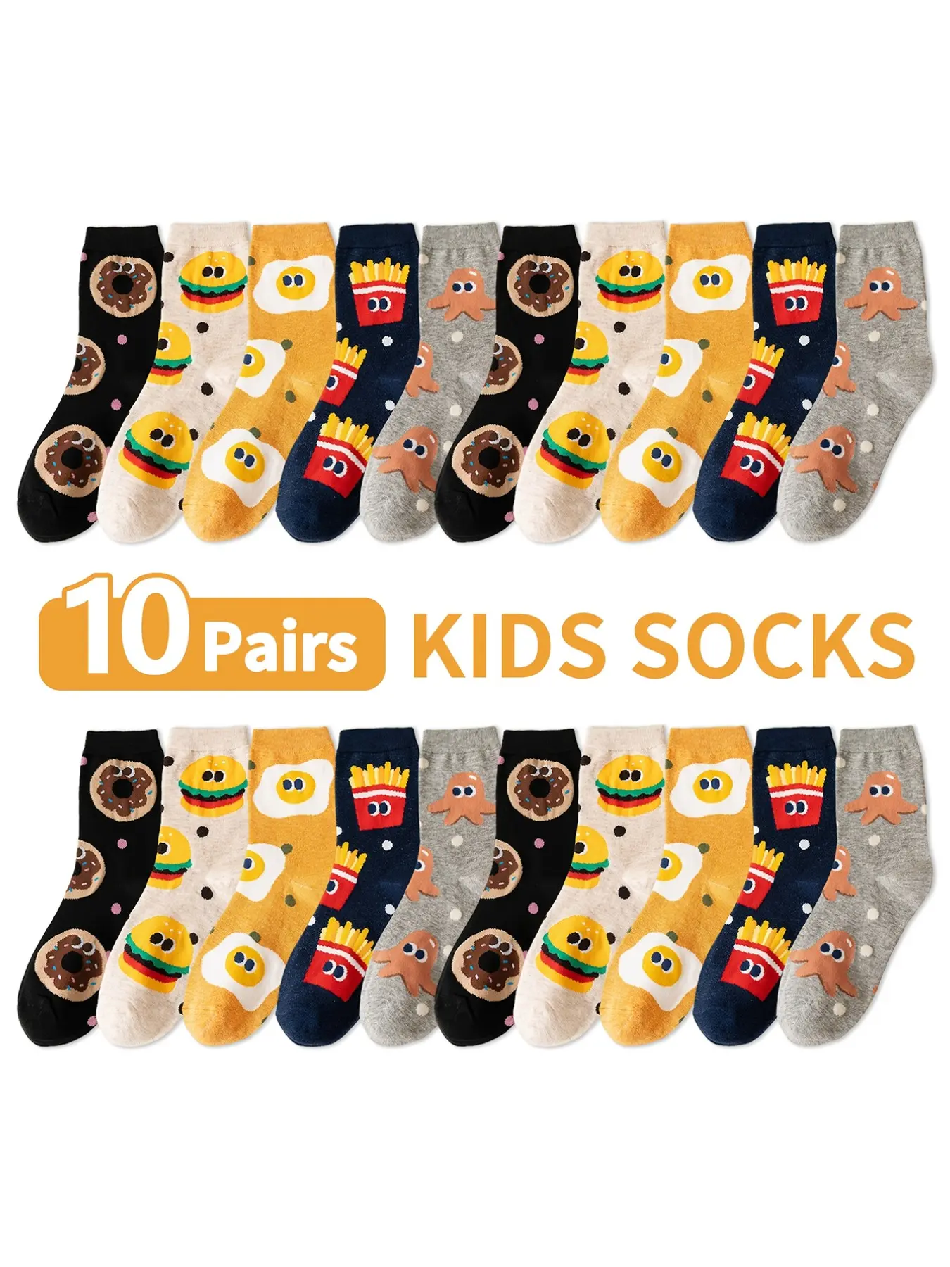 10 Pairs Mixed Color Kids Socks, Cute Cartoon Burger French Fries Pattern, Unisex Children Knee High Socks for Boys Girls Teens, Youth Socks, Casual Daily Wear, Casual Stylish Socks