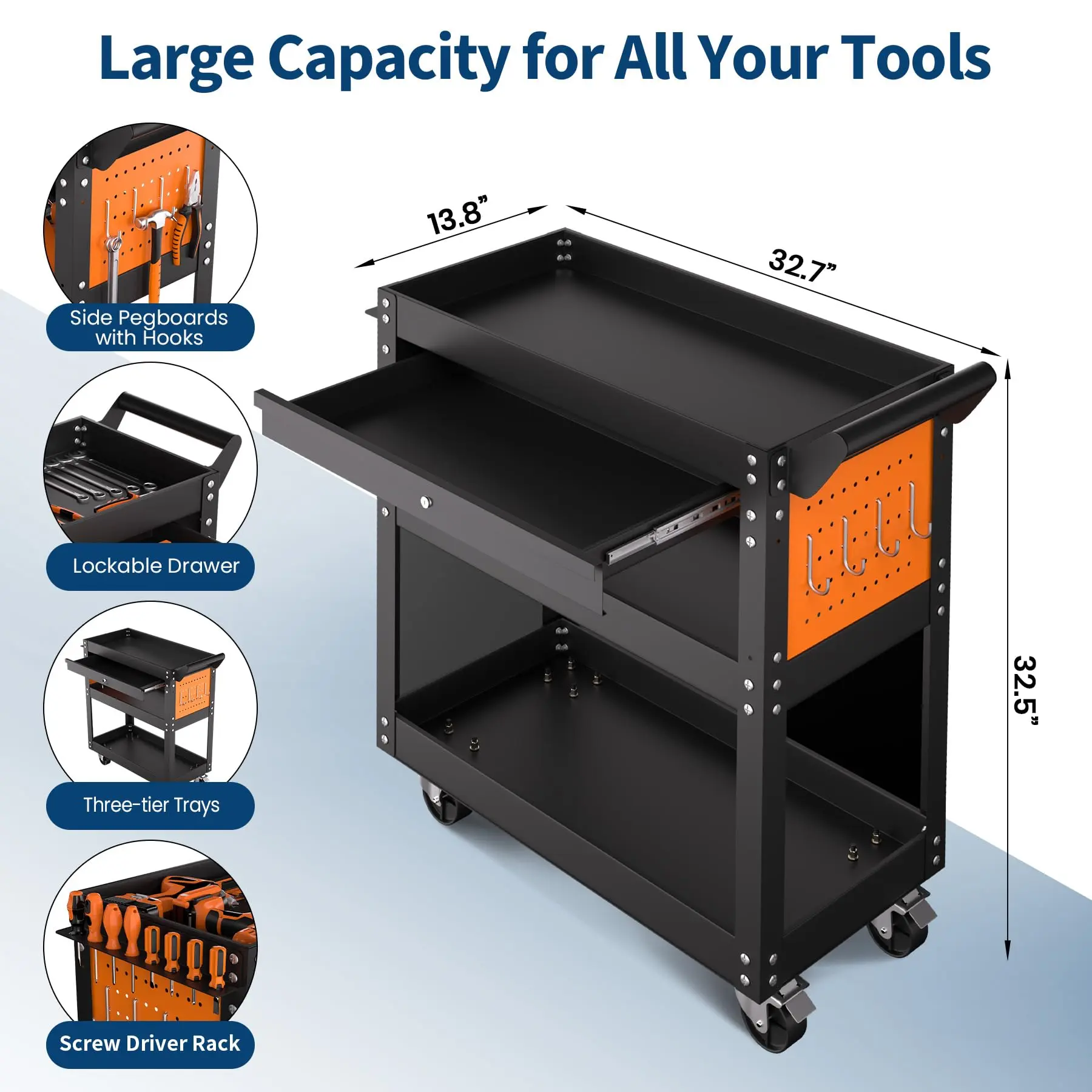 5-Tier Heavy Duty Rolling Tool Cart, Metal Storage Cabinet with Lockable Drawer, Pegboards, Side Hooks, 400 LBS Capacity, Mobile Tool Organizer for Garage Workshop Mechanic Repair