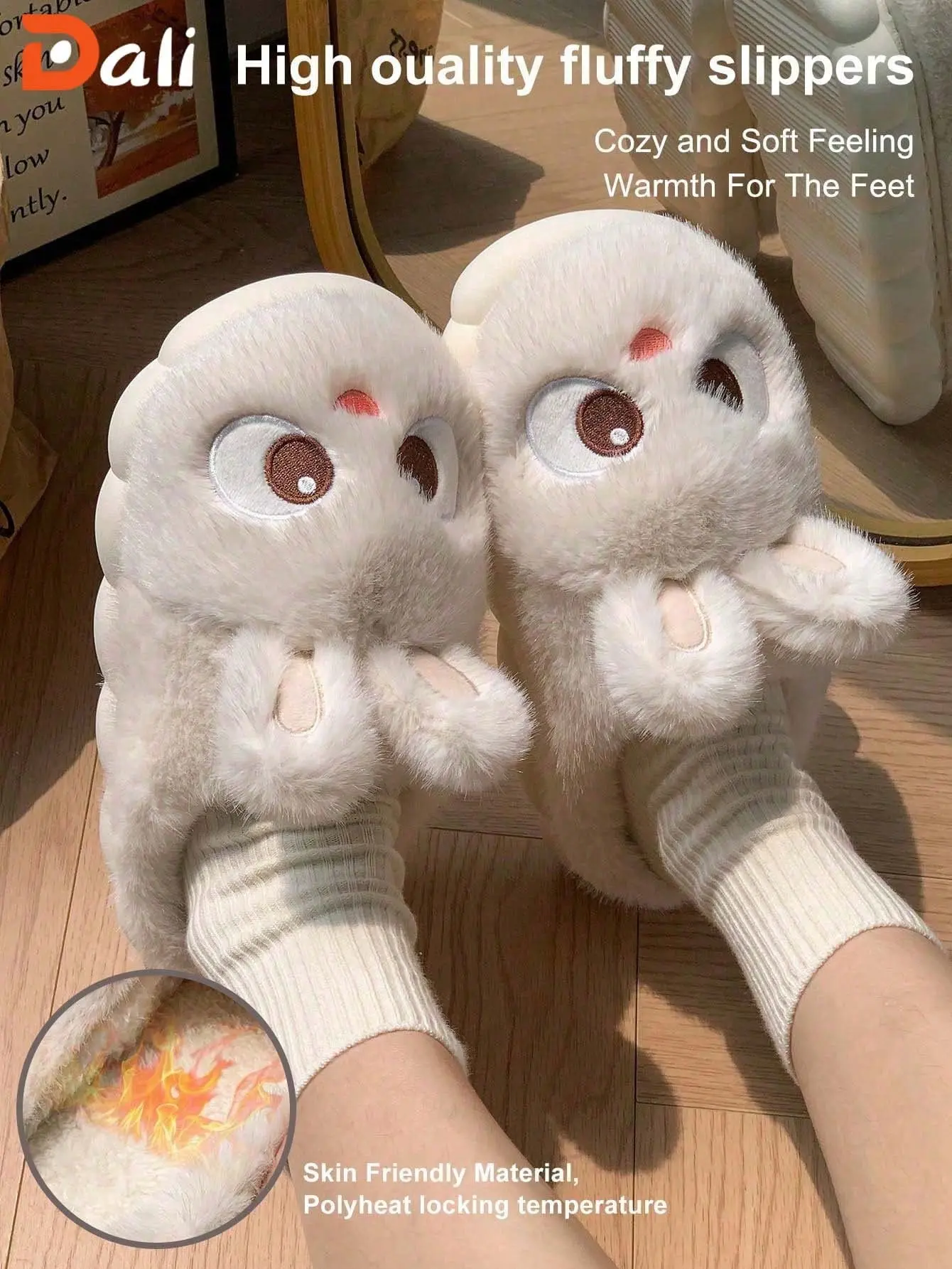 Autumn and Winter Indoor Plush Slippers Cute Cartoon Rabbit Thick Sole Fleece Lined Warm Comfortable Lightweight Plush Slippers White