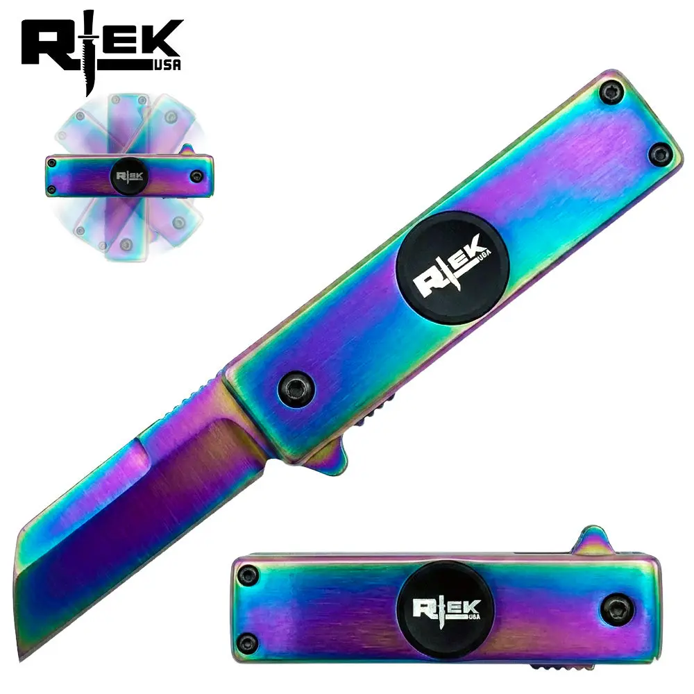 SPK 6841-RB 3.5" Rtek Titanium Rainbow Spinner Tanto Folding Knife Fidget Mult-Tool