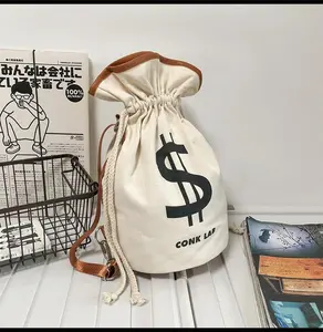 Dollar Sign Canvas Backpack, Multifunctional Casual Money Bucket Purse，portable backpack Japanese Portable Storage Drawstring Shoulder Bag