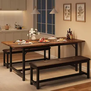 Dining Table Set for 4-6, 63" Large Extendable Dining Room Table Set for 6, Wood Rectangle Kitchen Table with 2 Soft Benches for Apartment, Small Space, Easy Assembly, Rustic Brown