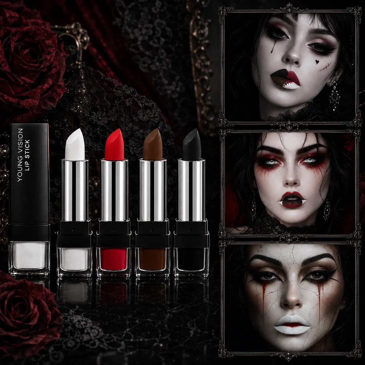 Halloween Gothic Matte Lipstick Set 4 Colors Black White Brown Red Lip Sticks Waterproof Non-Transfer Long Lasting Lip Makeup Kit, Dark Punk Cosplay Lip Gloss, Velvety Moisturizing Lipstick For Halloween Party Cos Makeup