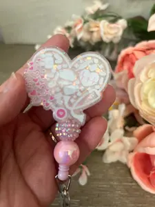 Pink Heart Nurse Badge Reel | Glitter Heart ID Holder | Cute Nurse Badge | Medical Badge Reel with Beads | Nurse Gift