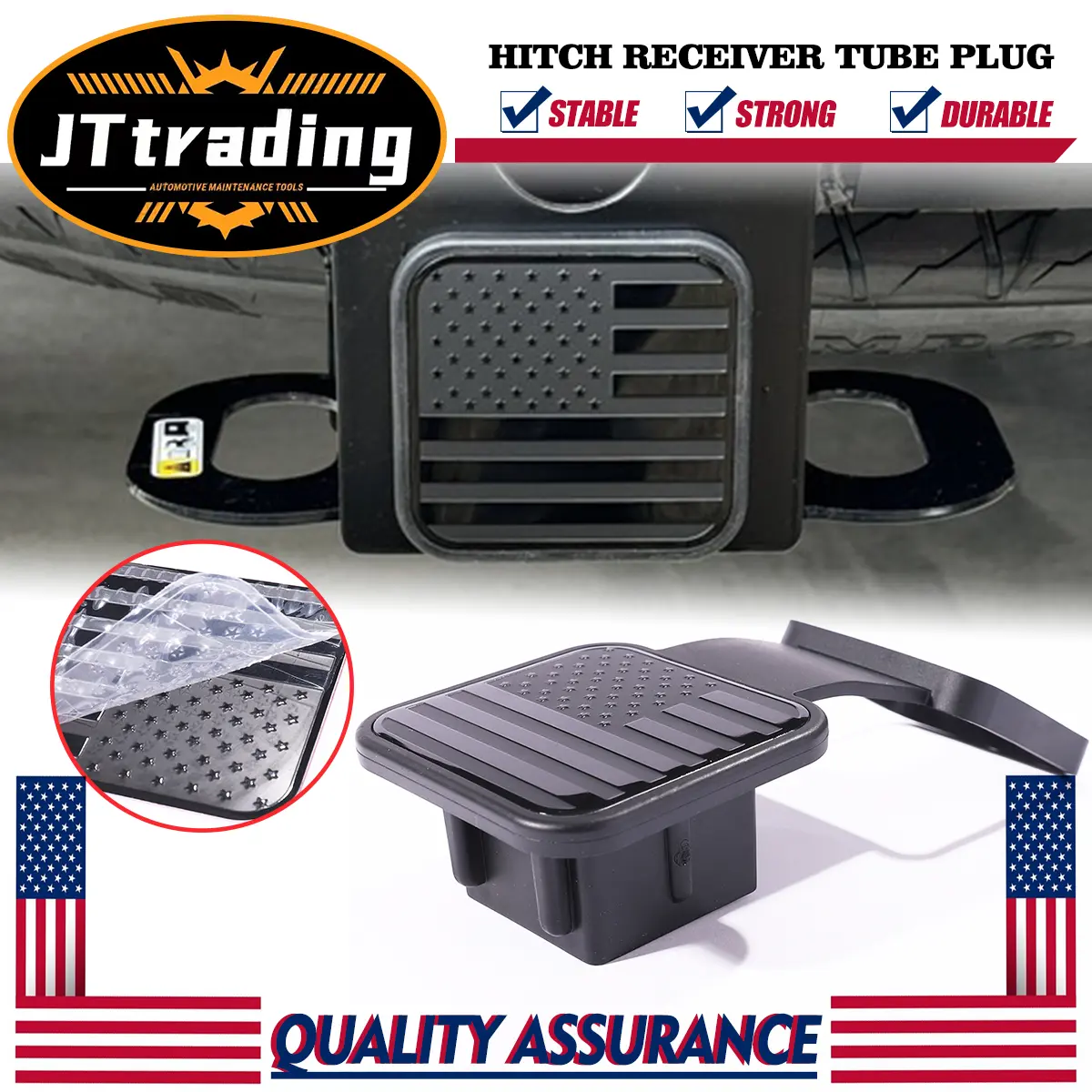 JTtrading Black American Flag Emblem Rubber Trailer Hitch Cover - 2 in Rubber Base, Mudproof Tow Tube Plug Cap, Universal Fit for Most Vehicle Hitch Receivers, Durable Easy-Install Vehicle Accessory with Car Wash Protection, Vehicle Accessories