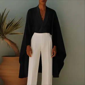 INCERUN Men's Fashion Japanese Kimono-Style Cape Blouse - Minimalist V-Neck Tunic with Batwing Sleeves, Natural Fabric, Simple Design, for Vacation & Zen-Inspired Wear (Pair with Trousers)