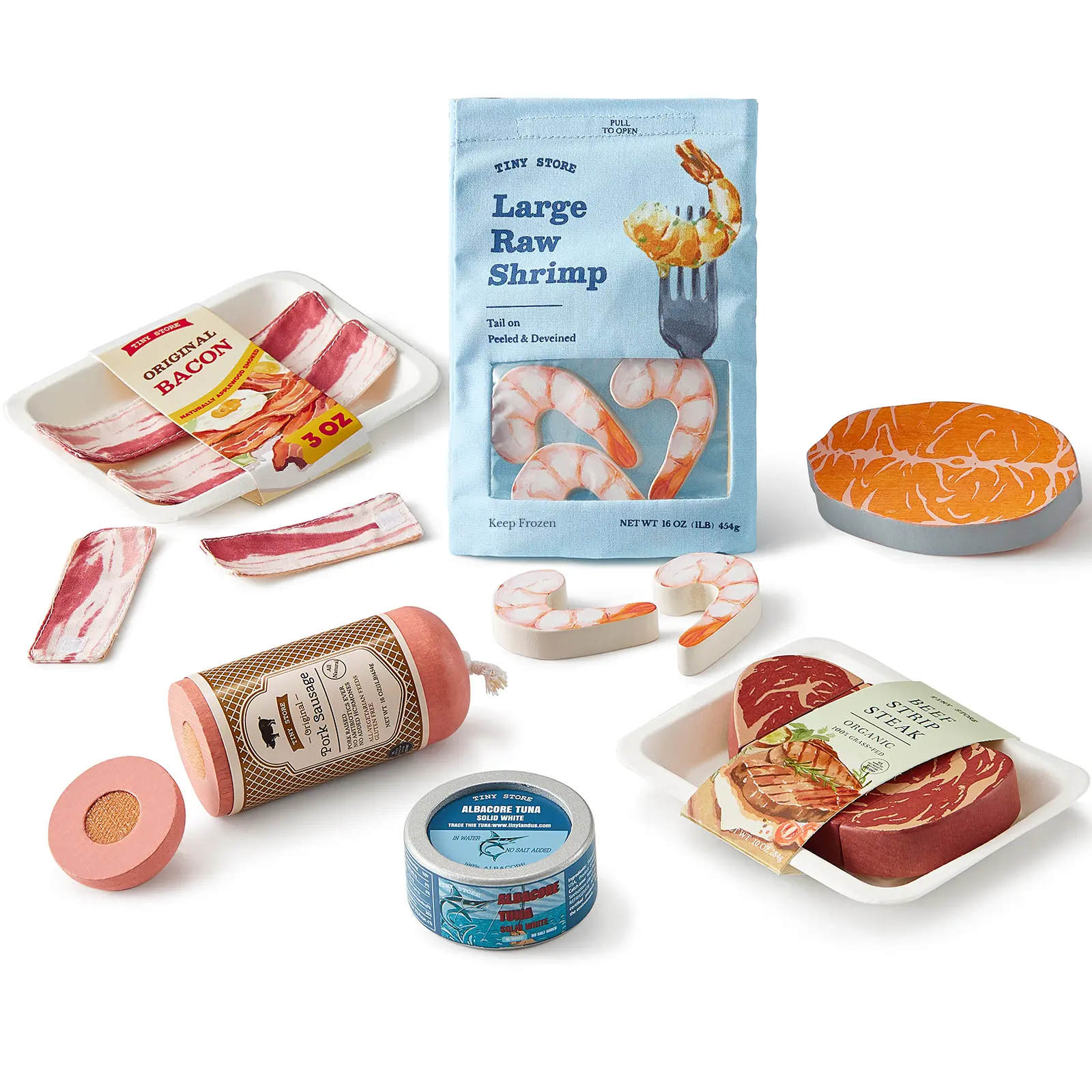 Tiny Land Wooden Play Food Set - 6-Piece Meat and Salmon Pretend Kitchen Toys for Toddlers, Childrens Cooking Accessory for Cooking Playset