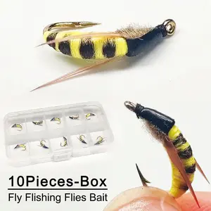 10Pcs(with Flies Box) Fly Fishing Flies Lure Artificial Yellow Moth Dry Flies Nymph Bait Fishing Trout Artificial Bait