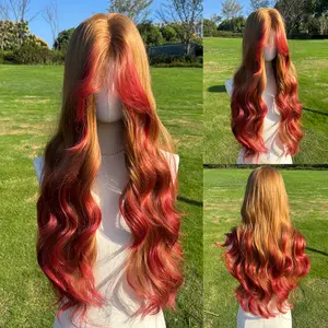 SMILCO 32-Inch Gold and Rust Loose Wave Wig with Bangs Flame color SM577 Synthetic Material Heat Resistant Adjustable Breathable Rose Mesh for Daily Use