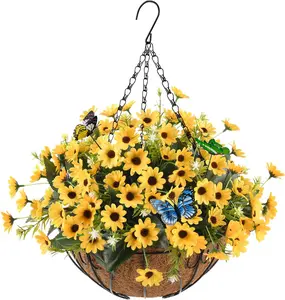 RZHfffhua Artificial Hanging Flowers with Baskets, Fake Star Chrysanthemums in 12-inch Coconut Lined Hanging Baskets Decorate courtyards, Outdoors, and Indoors(Yellow)