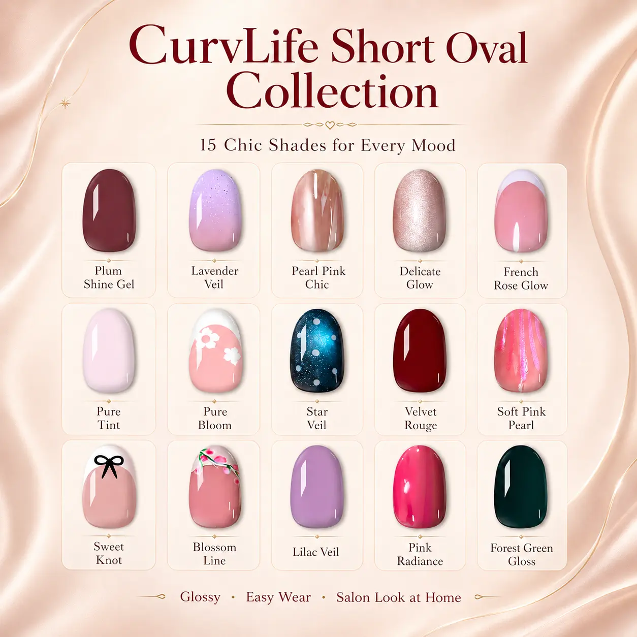 CurvLife Short Oval Press-On Nails Collection – Fresh Pastel Colors, Floral Designs, Soft Pink, Nude & Nature-Inspired Styles, Glossy Jelly Finish, Reusable Non-Toxic Nails for Everyday Spring Wear
