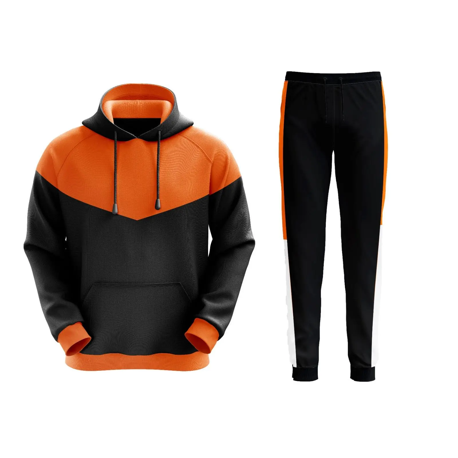 Deckra Men's 2-Piece Oversized Cut Fleece-Lined Hooded Tracksuit - Cotton Blend Long Sleeve Shirt, Ribbed Cuffs Joggers, Ribbed Ankles Hooded Jacket - Black/Orange