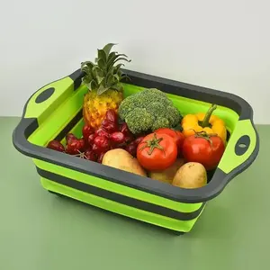 3-in-1 Collapsible BBQ Prep Tub with Lid, Food Grade Silicone Cutting Board Colander Combo, Portable Dish Basin for Outdoor Camping Picnic Tailgate Kitchen Use