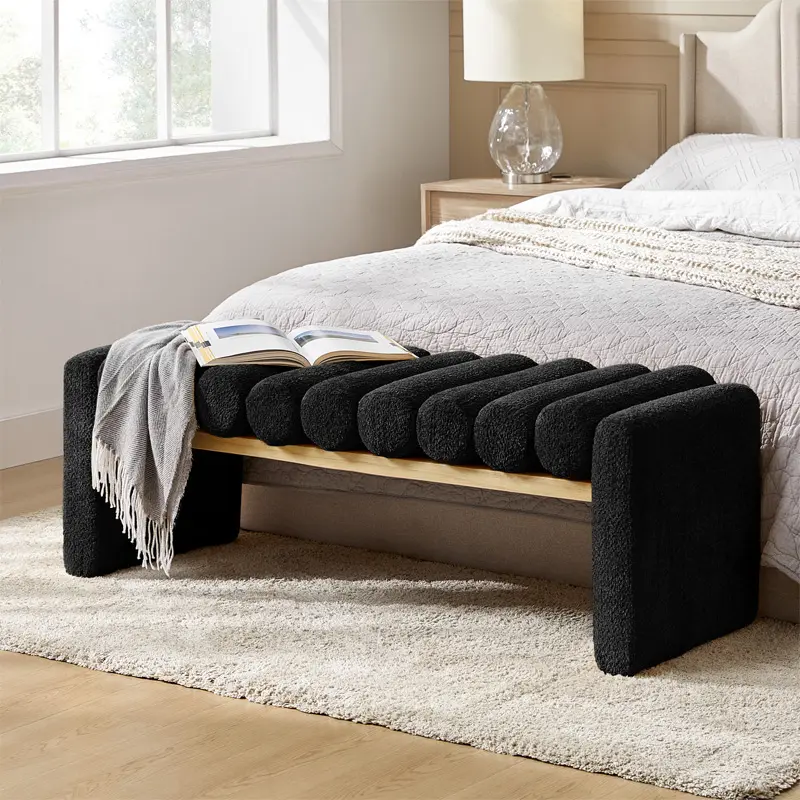 HULALA HOME Alma Modern Bench with Solid Wood Seat Frame & Legs, Removable Bolster Cushions, H-Frame Design Entryway Bench ，Added solid wood seat frame and legs, for Living Room, Bedroom.
