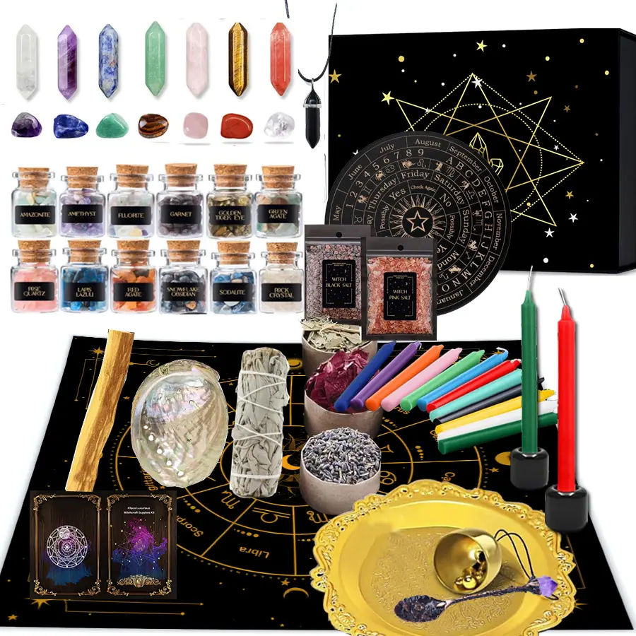55Pcs All-In-1 Wiccan Witchcraft Starter Kit with Candles, Crystals, Herbs, Ritual Tools, Tarot, Pendulum & Storage Box - Women's Gift, Halloween Decor