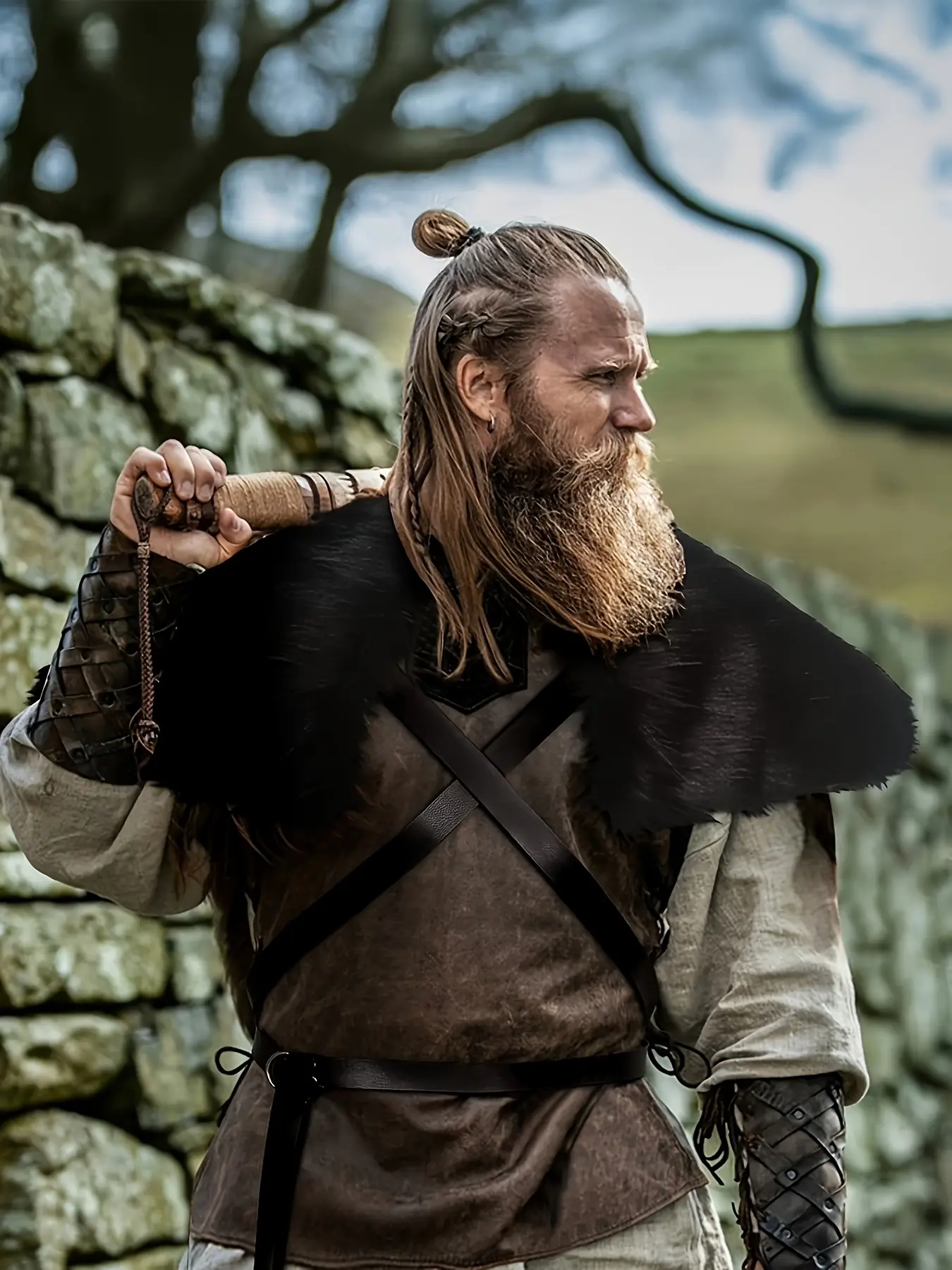 [Halloween] Viking King Warrior Cape with Faux Fur Collar for Medieval Renaissance Halloween LARP And Winter Cosplay Costume