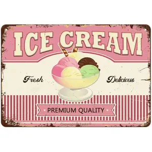 Vintage Metal Wall Decor Sign - 12X8 Inch Retro Ice Cream Shop Sign with a Distressed Pink Background, Perfect for Rustic Metal Art Hanging in Home Kitchens, Cafes, Bars, And Restaurants.