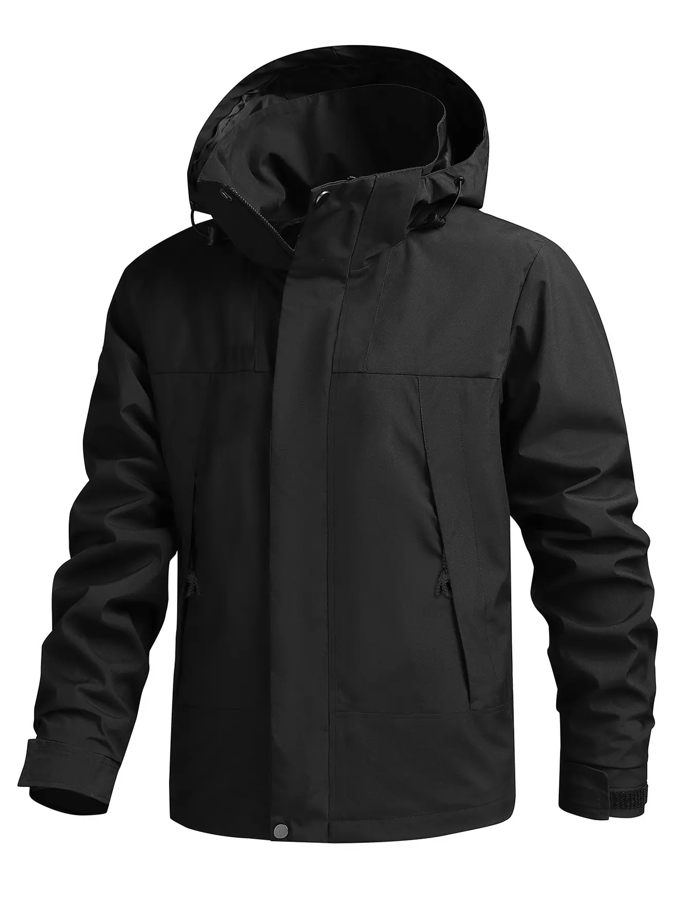 Men's Casual Athletic Jacket, Spring-Autumn Waterproof Windproof Outerwear, Long-Sleeve Hooded Coat with Adjustable Hood, Black Plain Outdoor Top