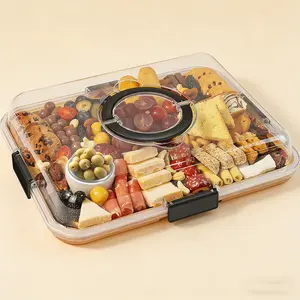 Bamboo Cutting Board & Charcuterie Board with Clear Lid, Reversible Wooden Chopping Board with Juice Groove & Handle, Portable Snack Tray with Compartments, Dust-Proof Cover for Kitchen, Picnic, Party, Cheese, Gifts