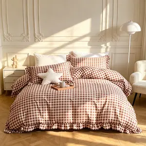 Rustic Vintage Brown Plaid Ruffle Bedding Set, 3-Piece (1 Duvet Cover + 2 Pillowcases), No Insert, Soft & Comfortable Fabric, Romantic Bedroom Decor, Perfect Gift Choice