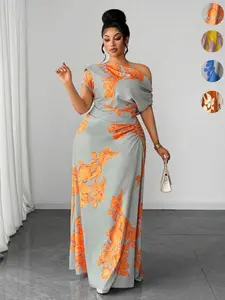 Women's Plus Size Dress, Large V-Neck Design Slimming Effect, Floral Print Casual Daily Wear, Elegant Vacation Style, Fitted Skirt, Womenswear