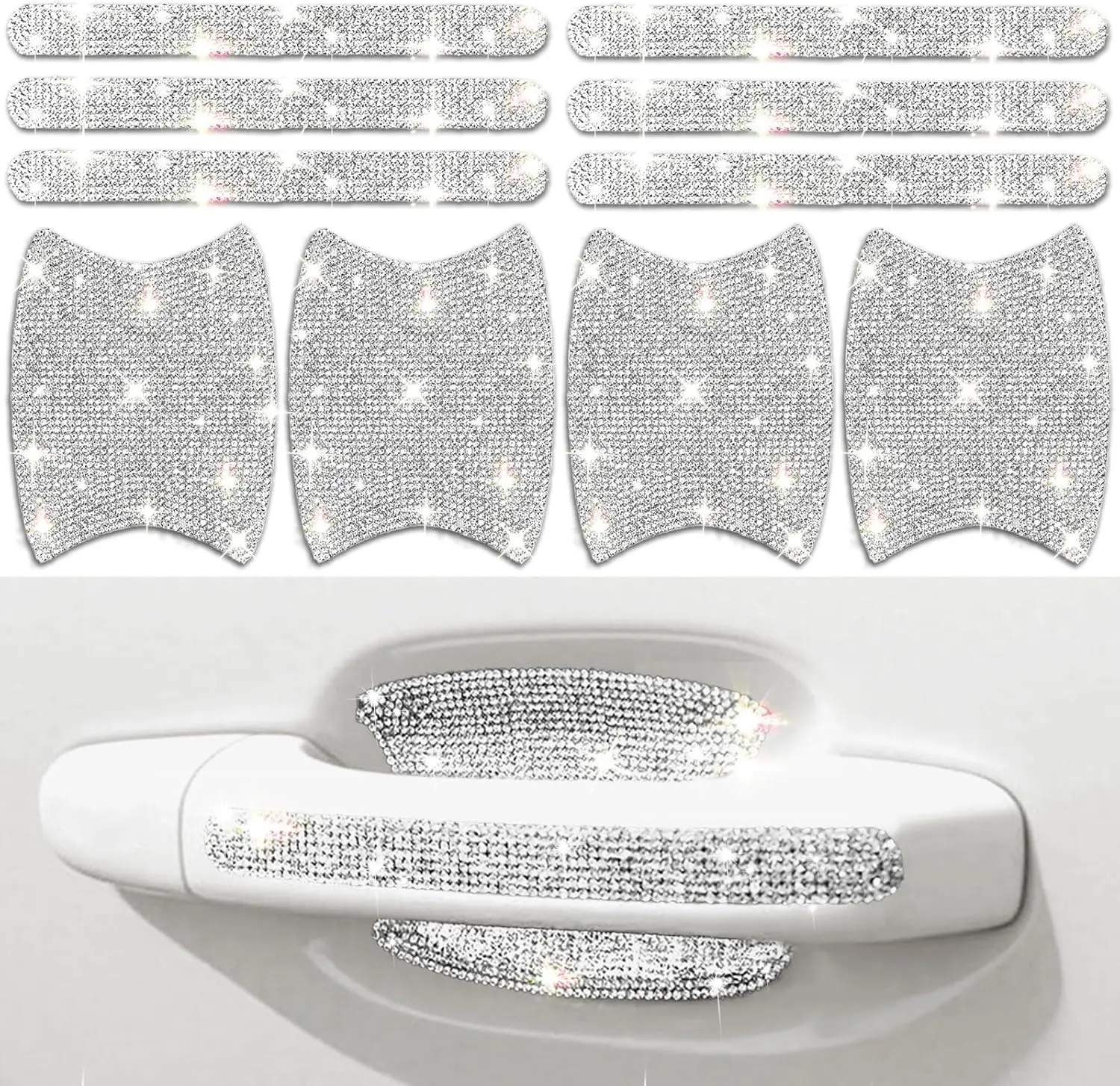 Bling Car Door Handle Protector, 10 PCS, White Sparkling Rhinestone Cars Door Protective Cover, Anti-Scratch Auto Handles Sticker, Universal Bling Car Accessories for Women