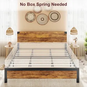 Rustic Brown FULL/QUEEN/King Size Platform Bed Frame with Wooden Headboard – Noise-Free Metal Legs, Under-Bed Storage, No Box Spring Needed, Easy Assembly