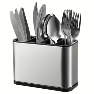 Stainless Steel Utensil Holder, Rust Resistant, Durable, Independent Compartments, Ideal for Forks, Knives, Spoons, Chopsticks, Modern Home Kitchen Storage Organizer, Kitchenware, Perfect Gift