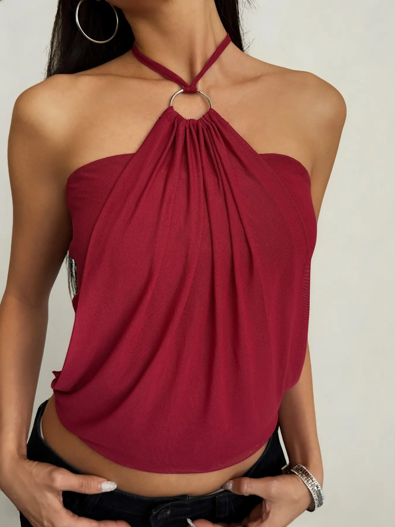 Burgundy Halter Neck Ring Detail Draped Top, Women's Sleeveless Backless Top, Cami Tank Top, Strappy Camisole, Slim Fit Sexy Halter Blouse, Y2K Chic Summer Streetwear, Cowl Style, Suitable for Going Out, Party, Club and Night Out