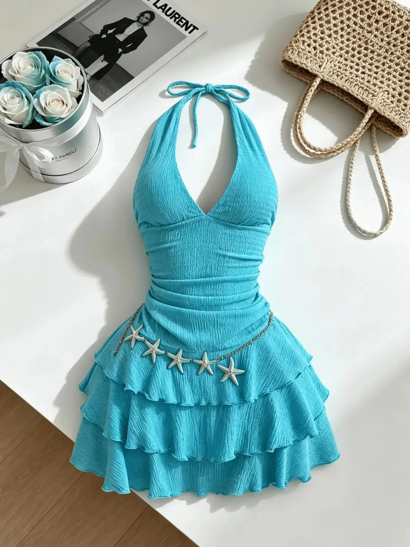 Ruched Halter Sleeveless Cake Dress, Multi-Layer Ruffle Design, Sweet Cool Style, Fitted Casual Wear Dress for All Seasons, Summer, Trendy Chic Women's FashionGift.