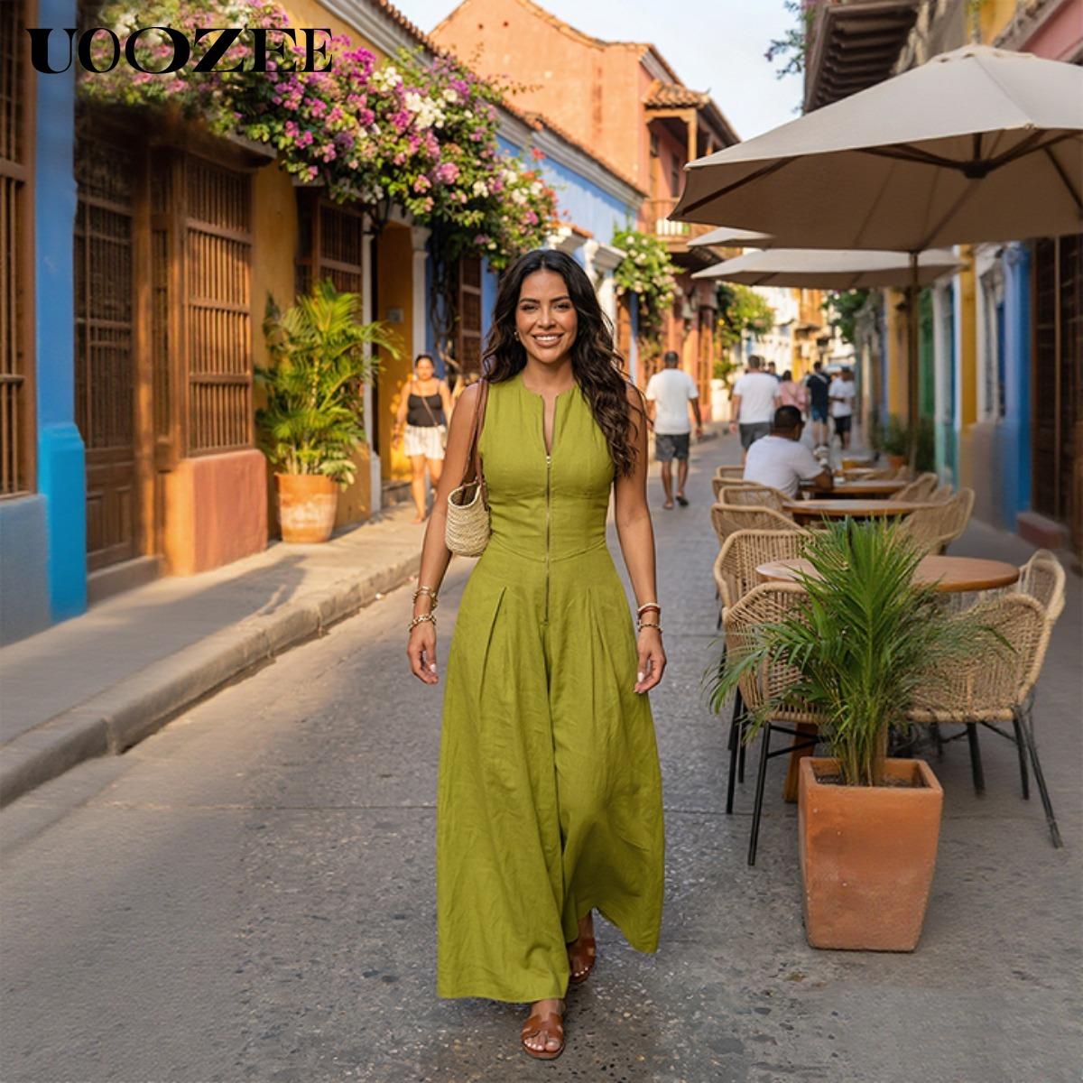 UOOZEE Women's Summer Casual Elegant A-line Loose Pleated Pockets Zipper Round Neck Long Minimalist Dress. Smaller Bust Fit One Size Up Recommended for C - Cup Above & smaller bust can order a normal size. Multiple colors, Sleeveless Womenswear Check