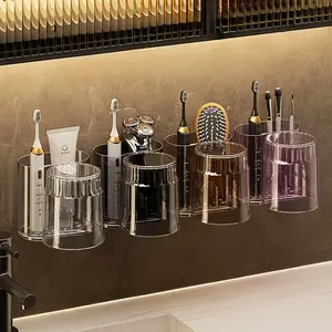 Space-Saving Wall-Mounted Toothbrush Holder with Mouthwash Cup, Multi-Functional Bathroom Organizer for Toothbrushes, Lipstick, Makeup, Toothbrush Storage, Bathroom Accessory
