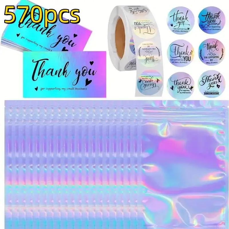 Thank You Card and Sticker Set, 570 Pieces, Includes 50 Thank You Cards, Thank You Cards Bulk, 20 Packaging Bags, 500 Stickers, High Quantity Stickers, Thanks Card, Perfect for Gratitude Expressions, Greeting Cards, Ideal for Gifts