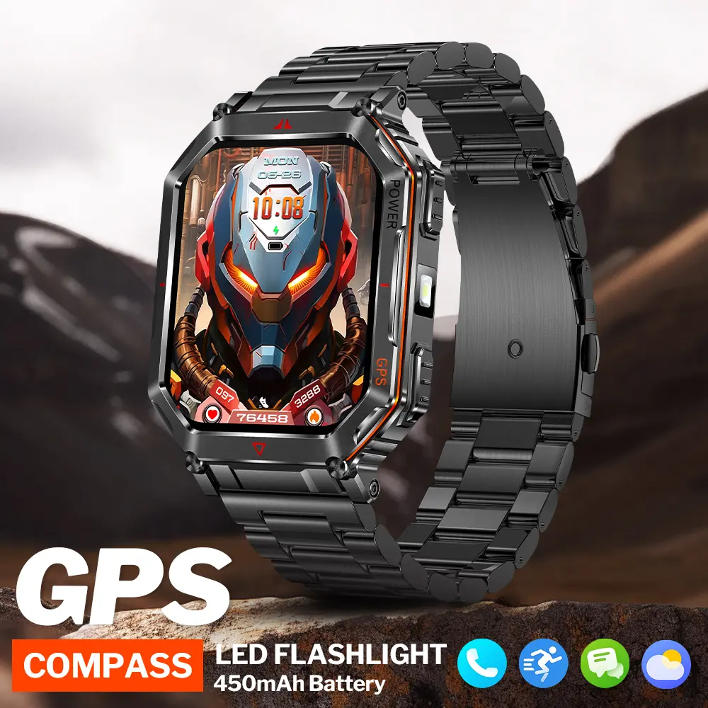 Outdoor Smartwatch / Men's Smartwatch: All-metal body design, built-in precision GPS, IPX8 (3ATM) waterproof rating, AI voice assistant, supports 100+ sports modes; compatible with iPhone and Android