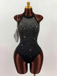 1pc Rhinestone Halter Bodysuit, Black Form-Fitting Open Back Top for Parties & Dates