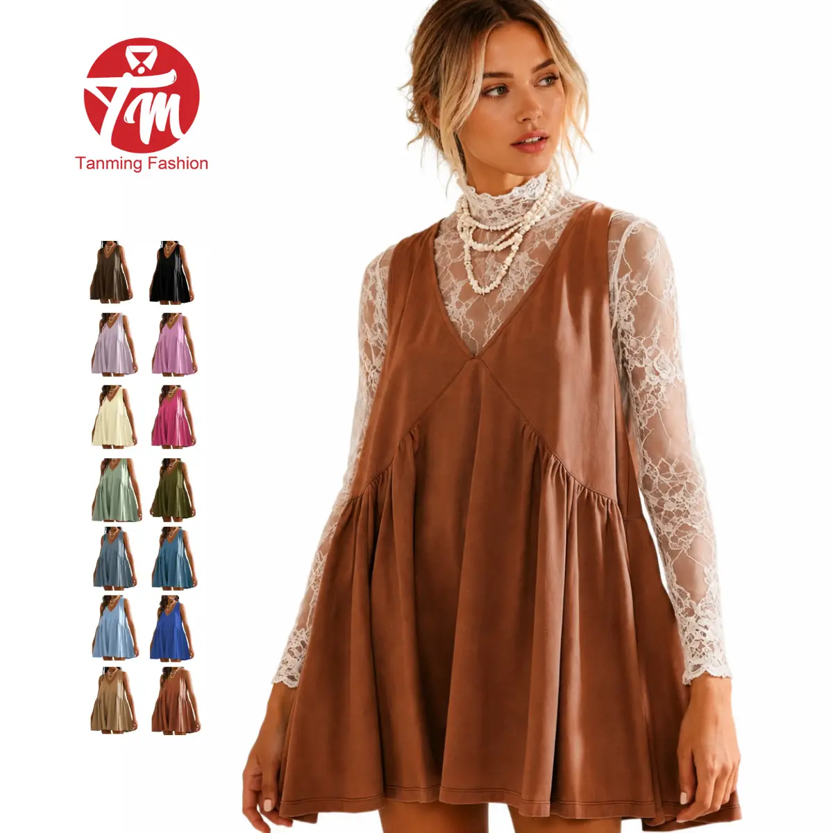 Tanming Women's V-Neck Sleeveless 95% Cotton Babydoll Pinafore Mini Dress with Pockets Loose Plus Size Layering Swing Jumper Dress with Pockets - Trendy Casual Formal Party Wear for College Girls