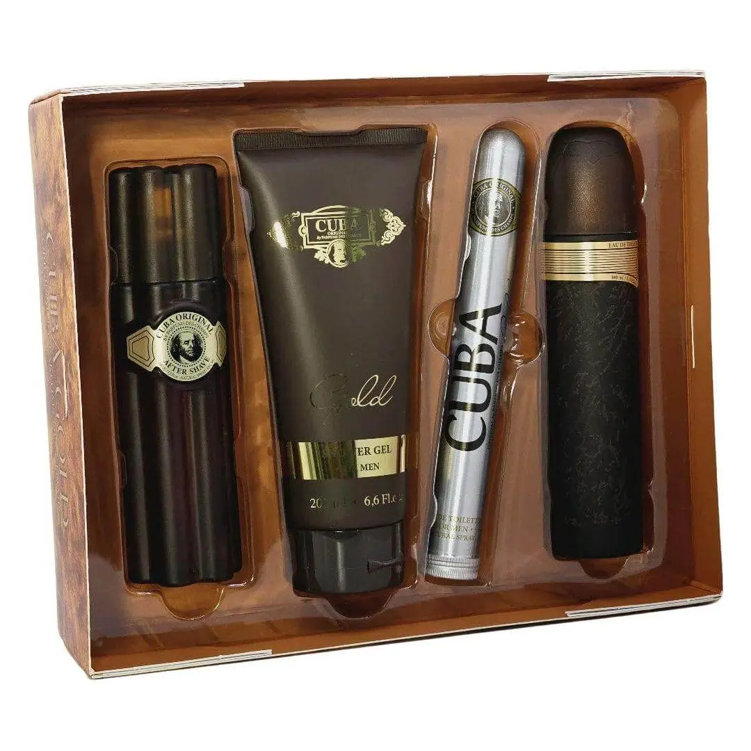 Cuba Men's Gold 4-Piece Fragrance Gift Box - 2 10mL Aerosol Eau de Toilette Sprays, After Shave, Shower Gel, Fragrance Ensemble Set, Perfume Gift Bundle, Cologne Gift Set, Scented Fragrance Set