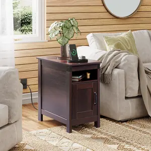 WLIVE End Table with Charging Station, Narrow Side Table for Living Room, Farmhouse Night Stand with Storage, Small Wooden Nightstand with USB Ports and Outlets for Living Room and Bedroom