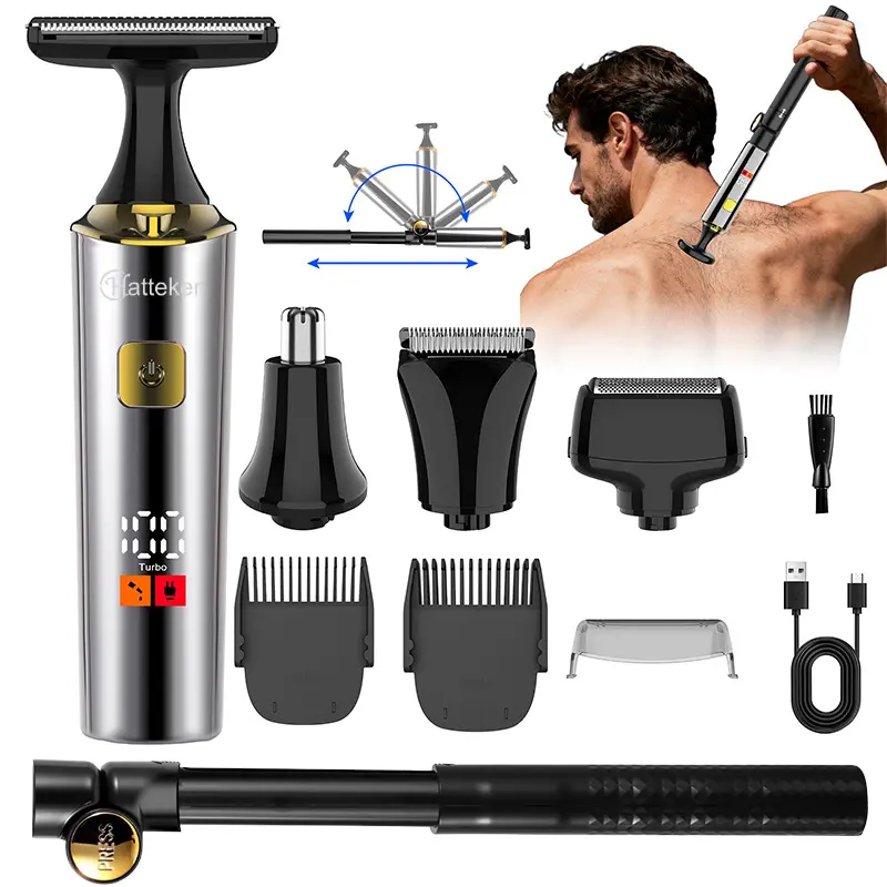 Hatteker 4-in-1 Adjustable Cordless Electric Men's Foil Shaver & Body Hair Trimmer Kit - Rechargeable Battery, Extendable Auxiliary Arm, Nose Trimmer, Dual-Speed Mode, IPX6 Waterproof, Cleansing Easy-to-Clean Full-Body Care Groomer