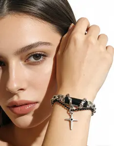 Techwear Silver Black Stacked Bracelet Onyx Pillar Cross for Streetwear Hypoallergenic Crystals Secure Clasp Design