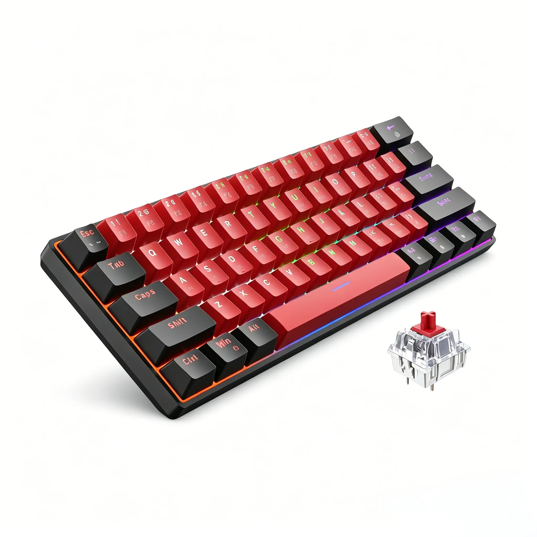 Black & Red 61 Keys 60% Mechanical Gaming Keyboard, High Responsive Red Switches Mini Wired Keyboard, Ultra-Slim Compact Desktop Gaming Peripheral, Universal Computer Keypad for Windows XP, Win7, Win10 PC Gamers